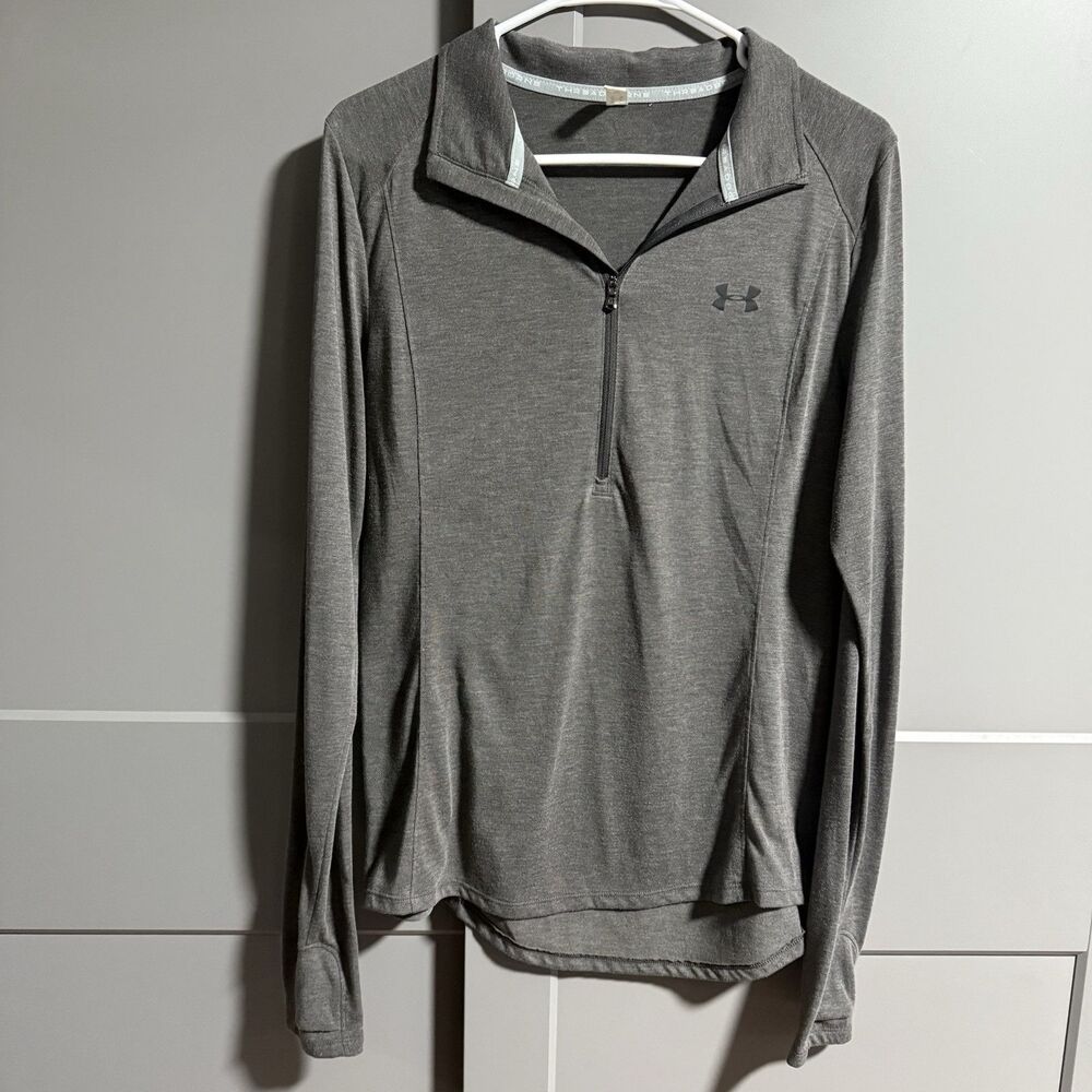 Under Armour Women Heatgear Loose Fit Zip Henley Long Sleeve Shirt Gray Medium